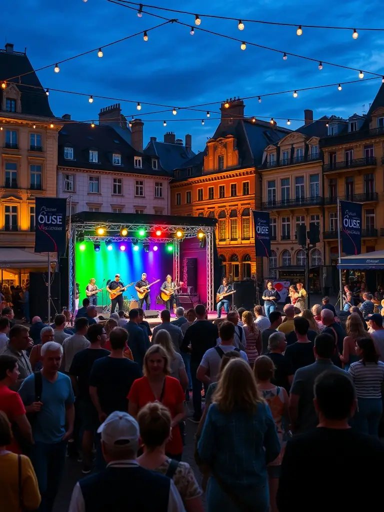 A lively evening concert in Dijon’s central square, with a diverse crowd gathered in front of a well-lit outdoor stage, musicians performing under colorful lights, and banners displaying ASSOCIATION MELI-MELOMANE’s logo.