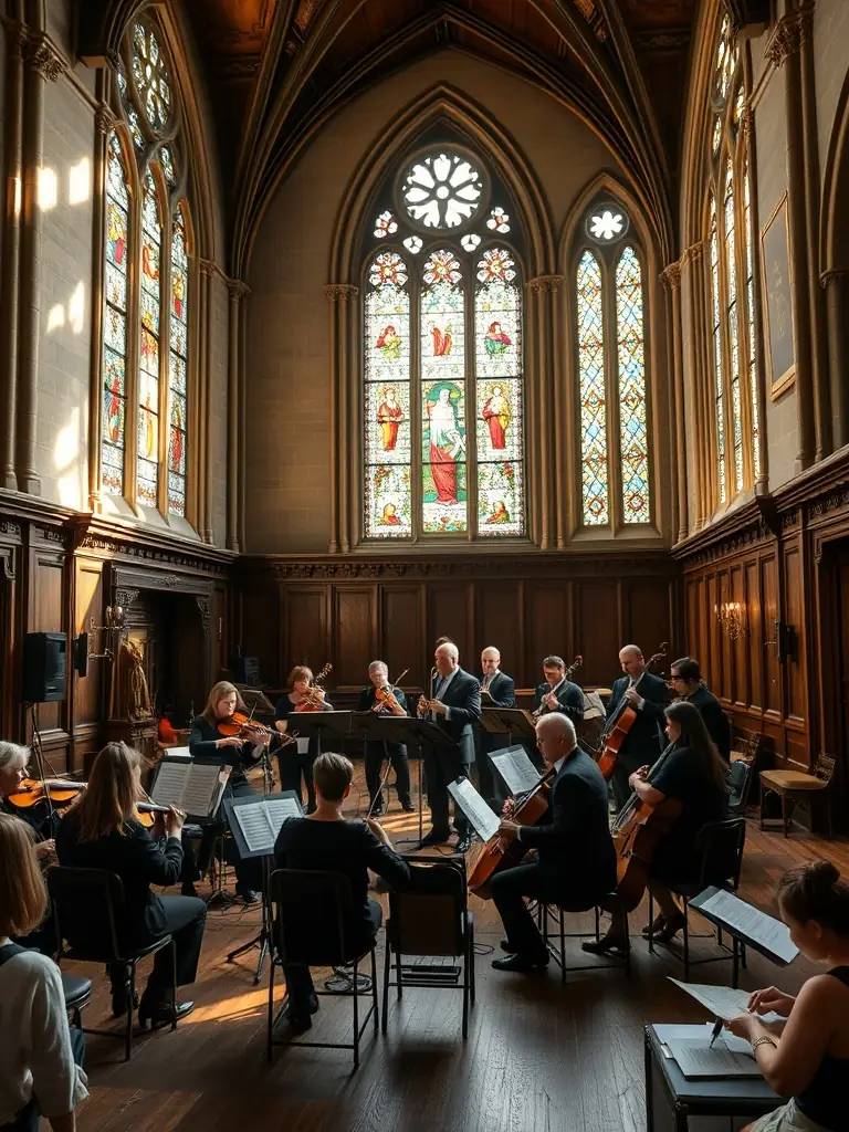 A classical music ensemble rehearsing in a historic Dijon church, musicians tuning violins and cellos, sunlight streaming through stained glass, and association staff preparing programs for guests.