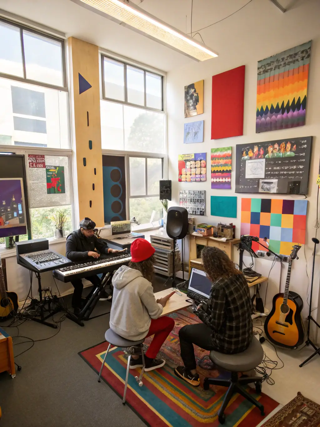 A candid photo of a small group of emerging artists collaborating in a cozy rehearsal space, surrounded by sheet music and instruments, with a mentor offering guidance. This image will represent the association's artist support initiatives.