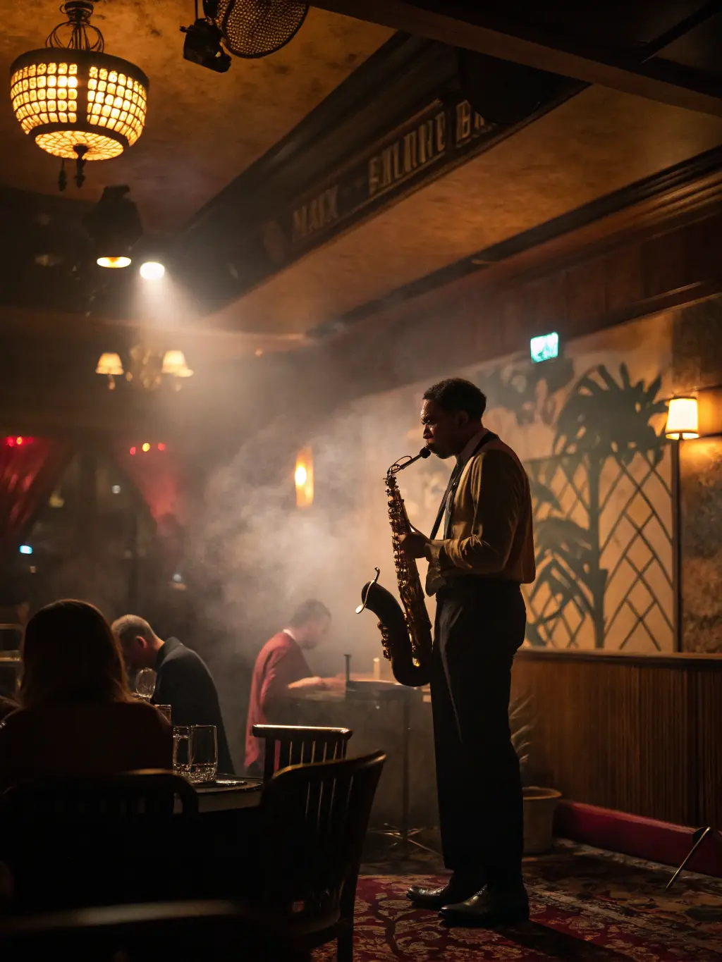A cozy indoor jazz night at a local cultural center, with a saxophonist and pianist performing on a small stage, audience seated at candle-lit tables, and posters of past association events on the walls.