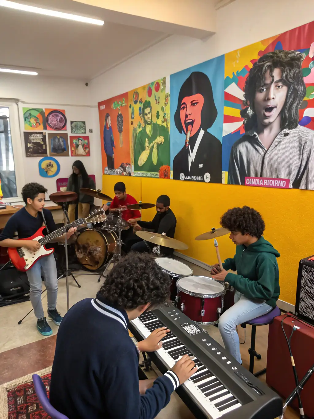 A vibrant photograph of children and teenagers participating in a group music workshop, with various instruments such as guitars, violins, and drums, in a bright community center setting. This image will be used to illustrate the association's youth music education initiatives.