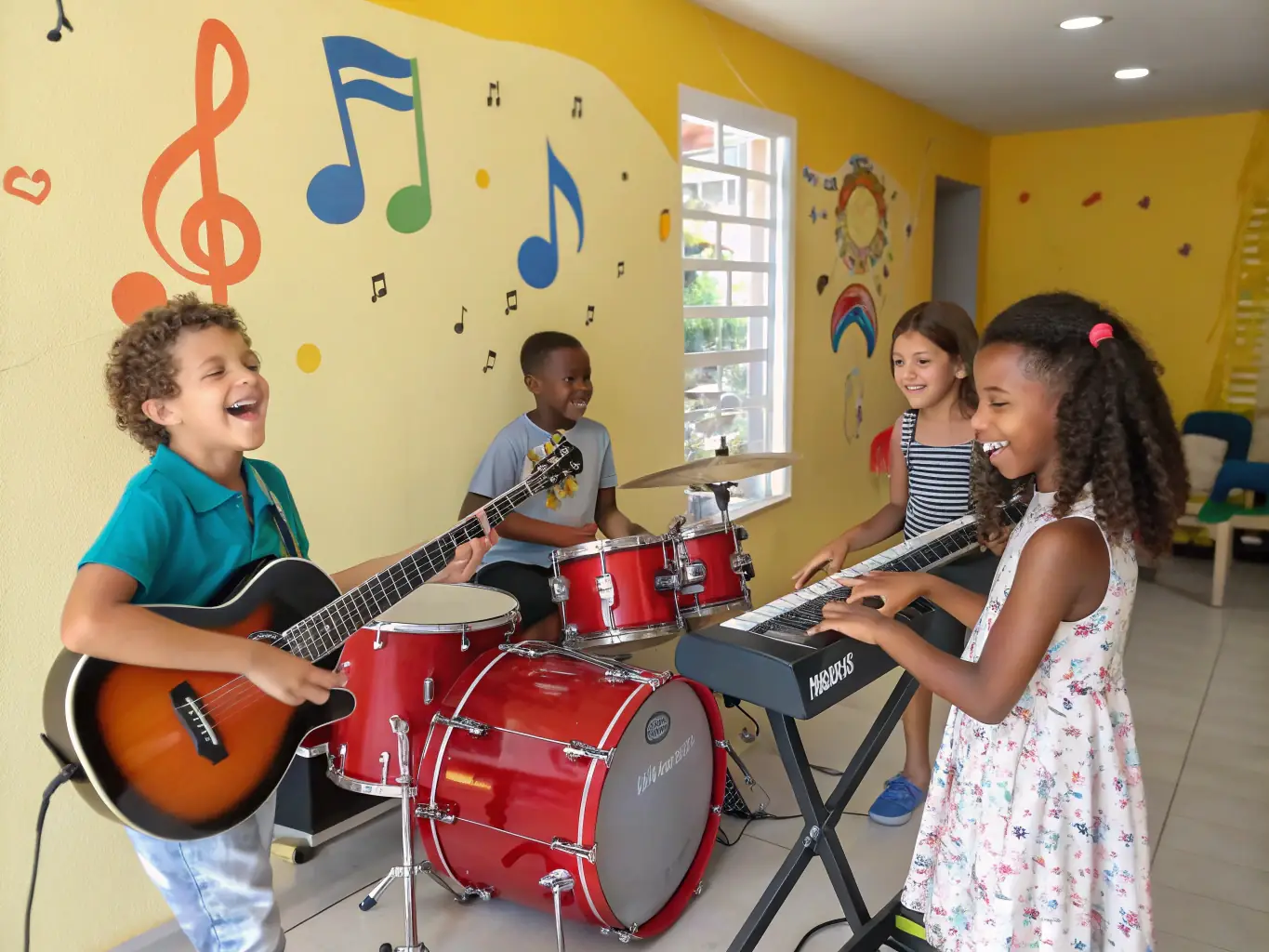 A candid image of a small group of musicians and young participants in a workshop setting, with instruments in hand, collaborating and learning together in a bright, welcoming community space.