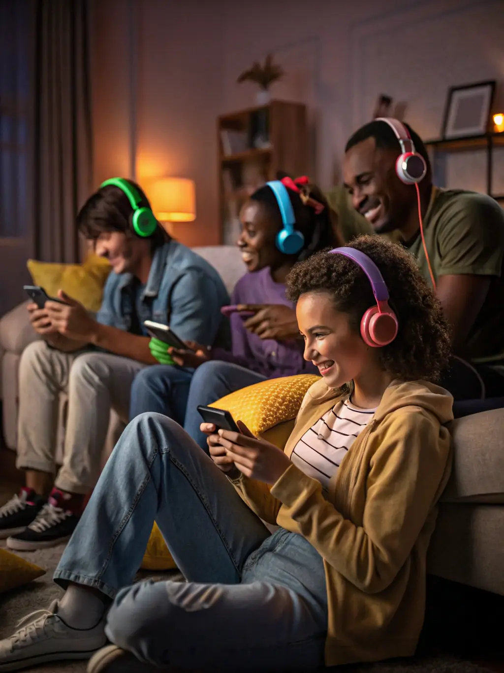 A warm image of a multicultural group of people participating in a music appreciation session, listening and discussing different genres, with posters of famous musicians in the background. This image will be used to highlight the association's cultural engagement activities.