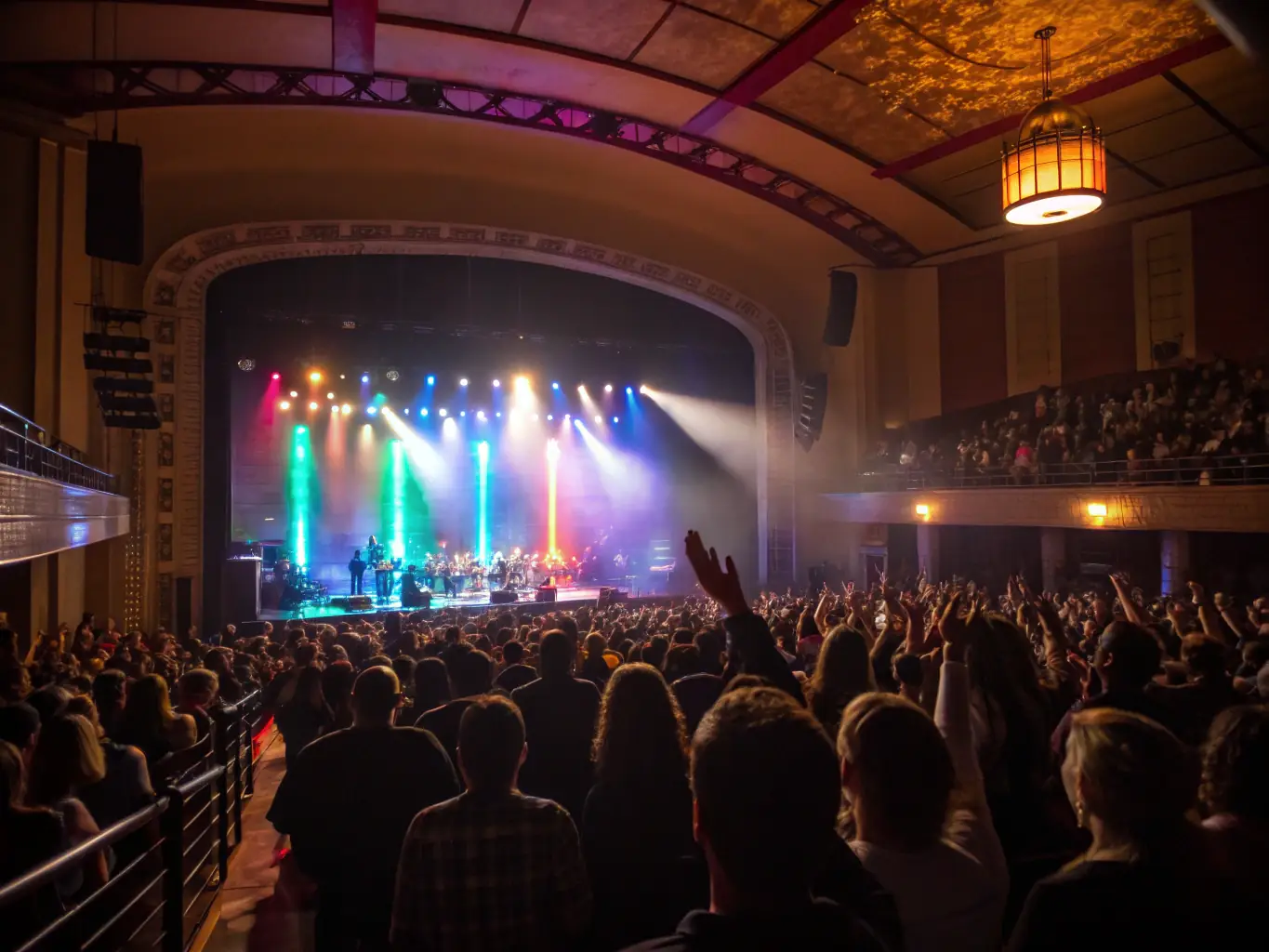 A dynamic photo of a packed concert hall with musicians performing on stage, colorful stage lighting, and an audience of all ages enjoying the music, representing a signature live music event organized by the association.