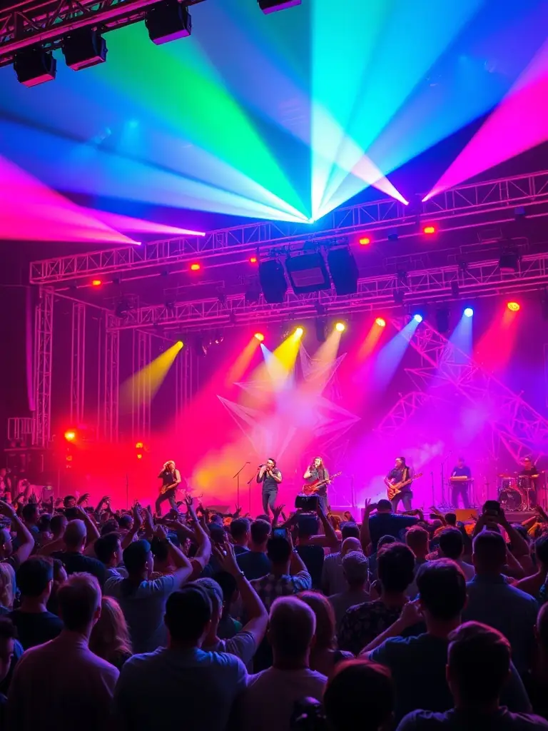 A dynamic image of a live outdoor concert organized by ASSOCIATION MELI-MELOMANE, featuring a diverse group of musicians performing on stage with an enthusiastic audience of all ages enjoying the event. This image will showcase the association's commitment to live music events.