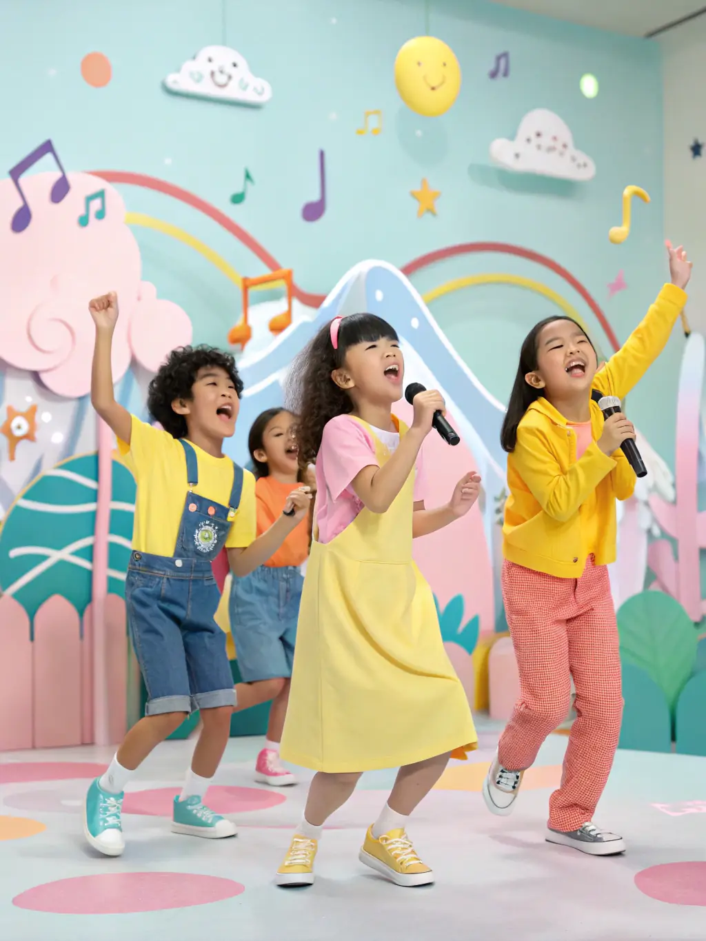 A vibrant children’s choir performing in a community hall, children in colorful outfits singing enthusiastically, parents and families watching with pride, and association volunteers assisting backstage.