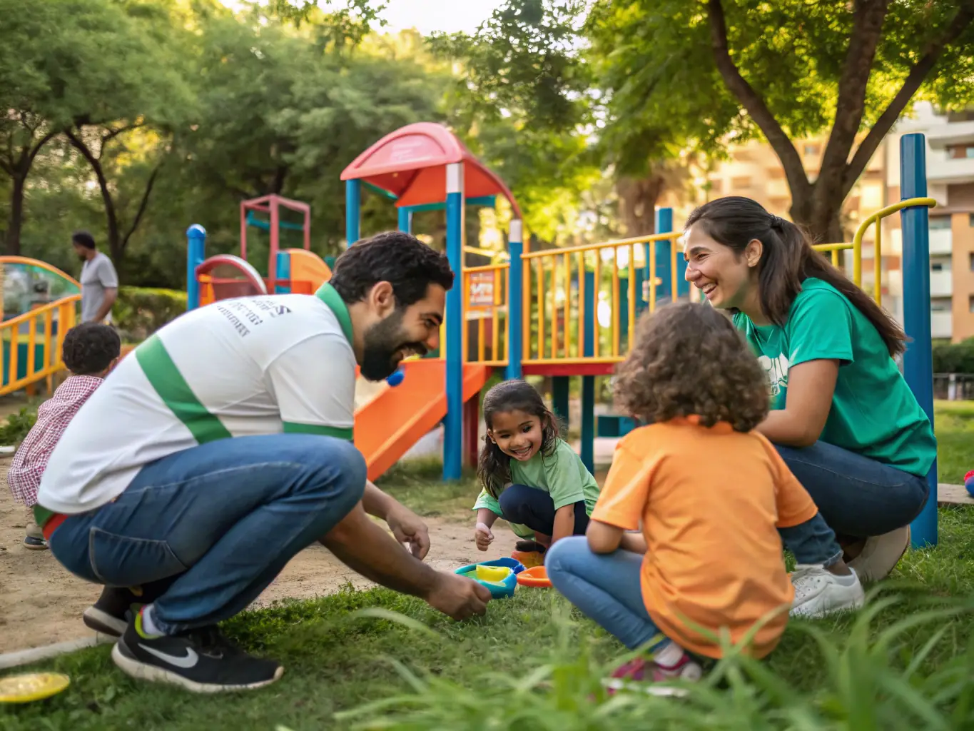 A cheerful outdoor scene showing children and families participating in a music outreach activity, with volunteers guiding them in playing simple instruments and everyone smiling, set in a local park.
